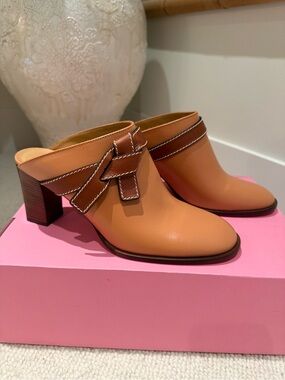 Women's Tan Leather Block-Heel Mules with Contrast Stitching 40 fits like 9
